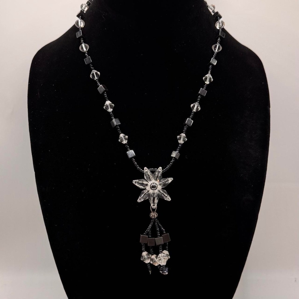 Black & silver beaded necklace with crystal star pendant and tassels